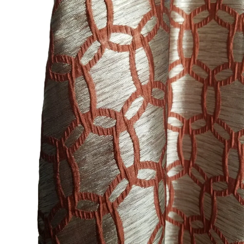 2 Geometric Drape Panels 53 Wide 83 Long Rust Gold Metallic Lined Window Curtain